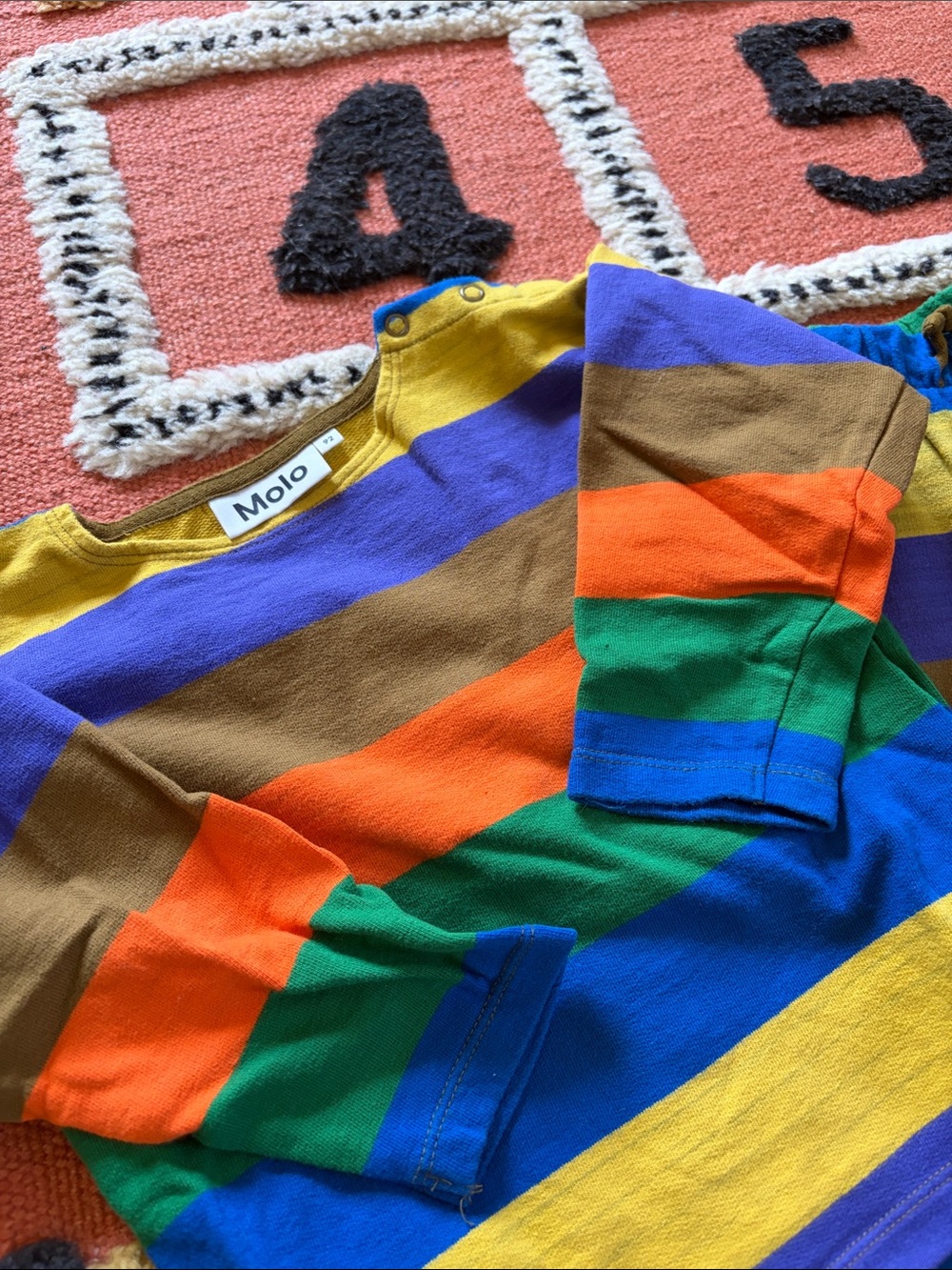Molo Bold Striped Long Sleeve Top in Yellow, Purple, Brown, Orange, Green & Blue